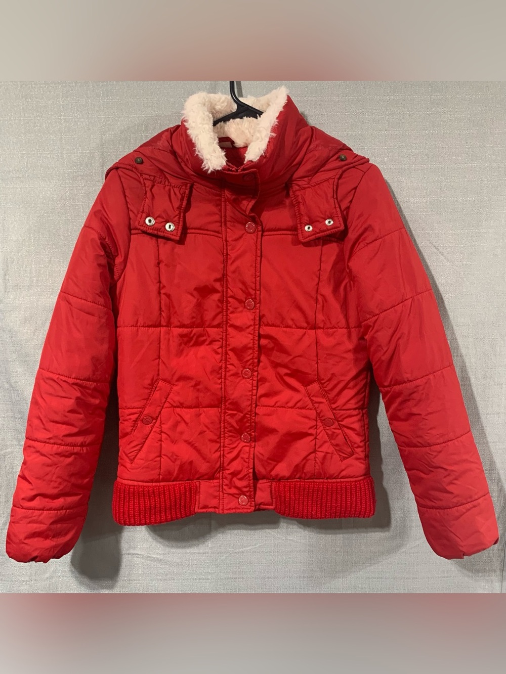 Aeropostale Solid Faux Fur-Trim Puffer Jacket Red Medium Children